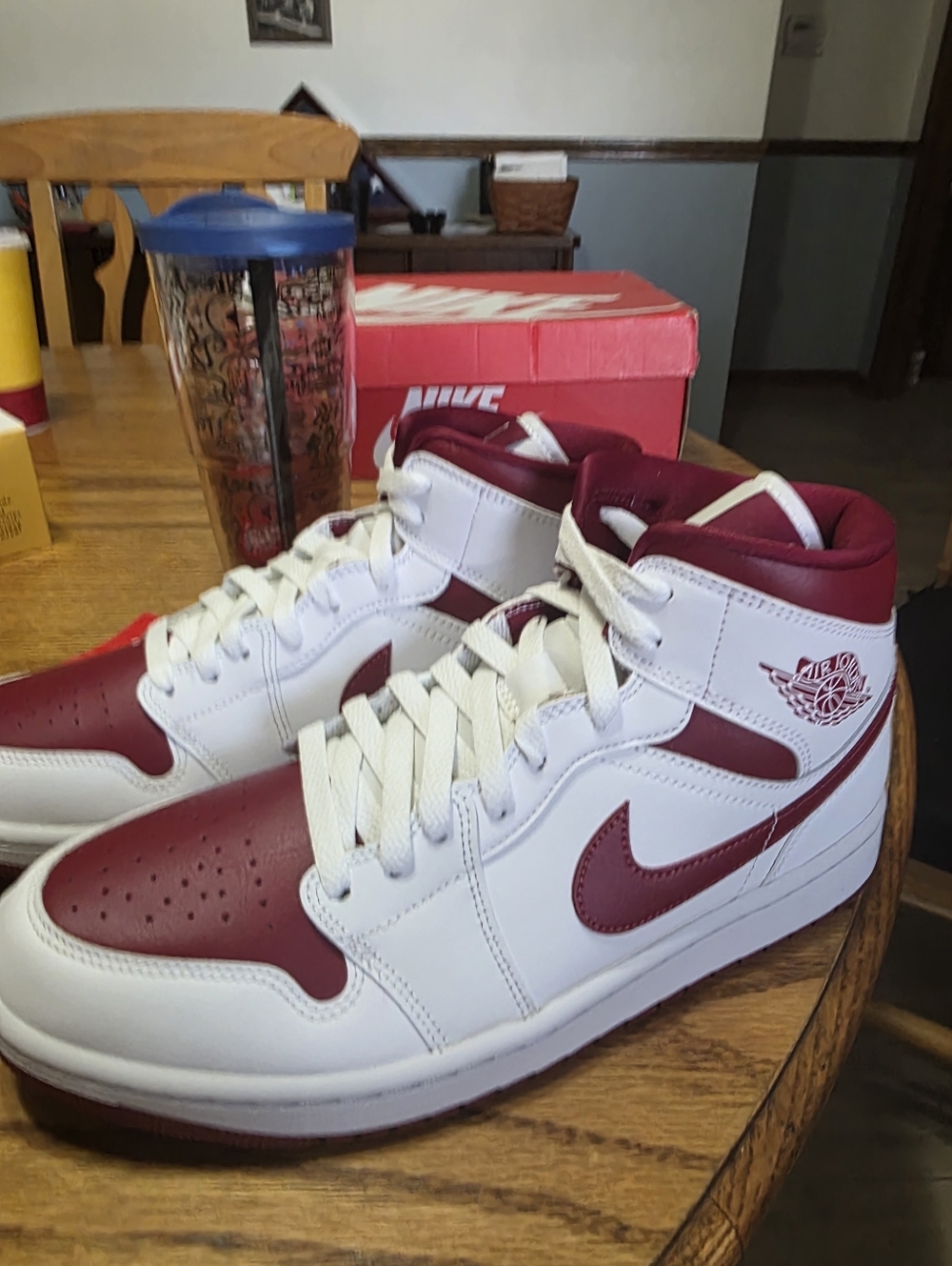 Jordan 1 Mid Size 11.5w/10m Sneakers - White/Maroon Brand New
